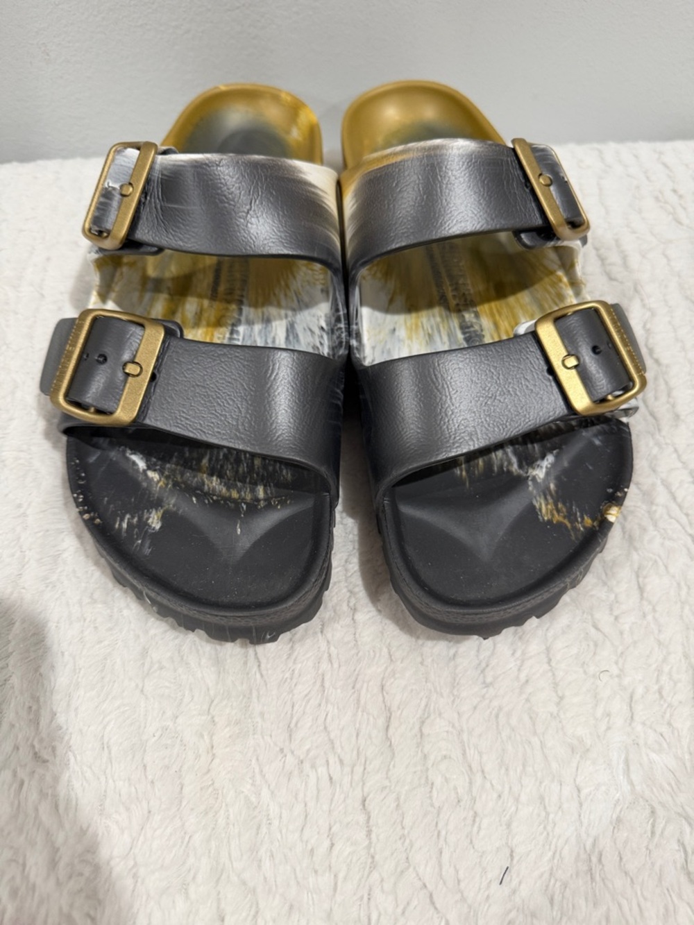 Birkenstock Grey and Gold Double Buckle Slides - Picture 3 of 6